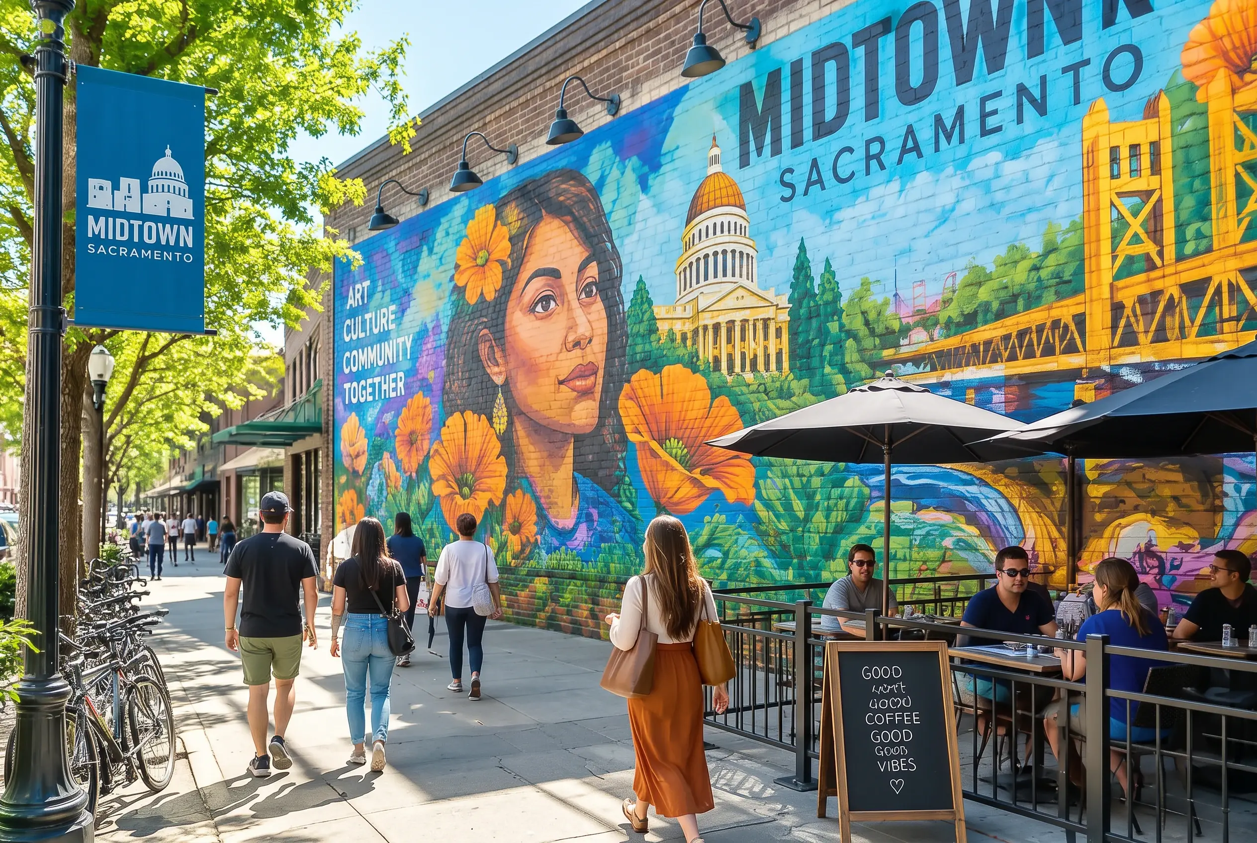 Historic Midtown Sacramento storefronts with awnings and sidewalk planters